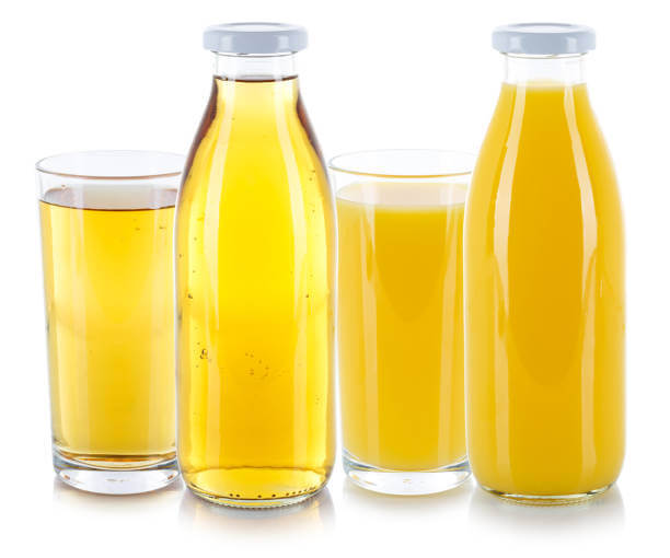 apple and orange juice drinks fresh glass bottle isolated on a white background